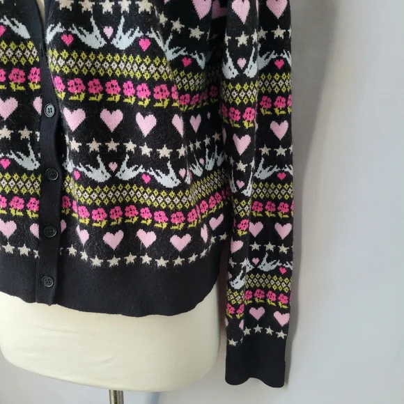 Anthropologie Maeve Hearts Dove Floral Cropped Novelty Cardigan Sweater L - Picture 9 of 14
